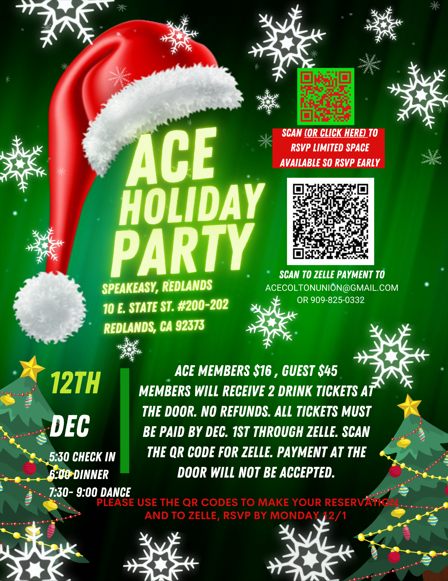 PLEASE USE THE QR CODES TO MAKE YOUR RESERVATION AND TO ZELLE, RSVP BY MONDAY 121